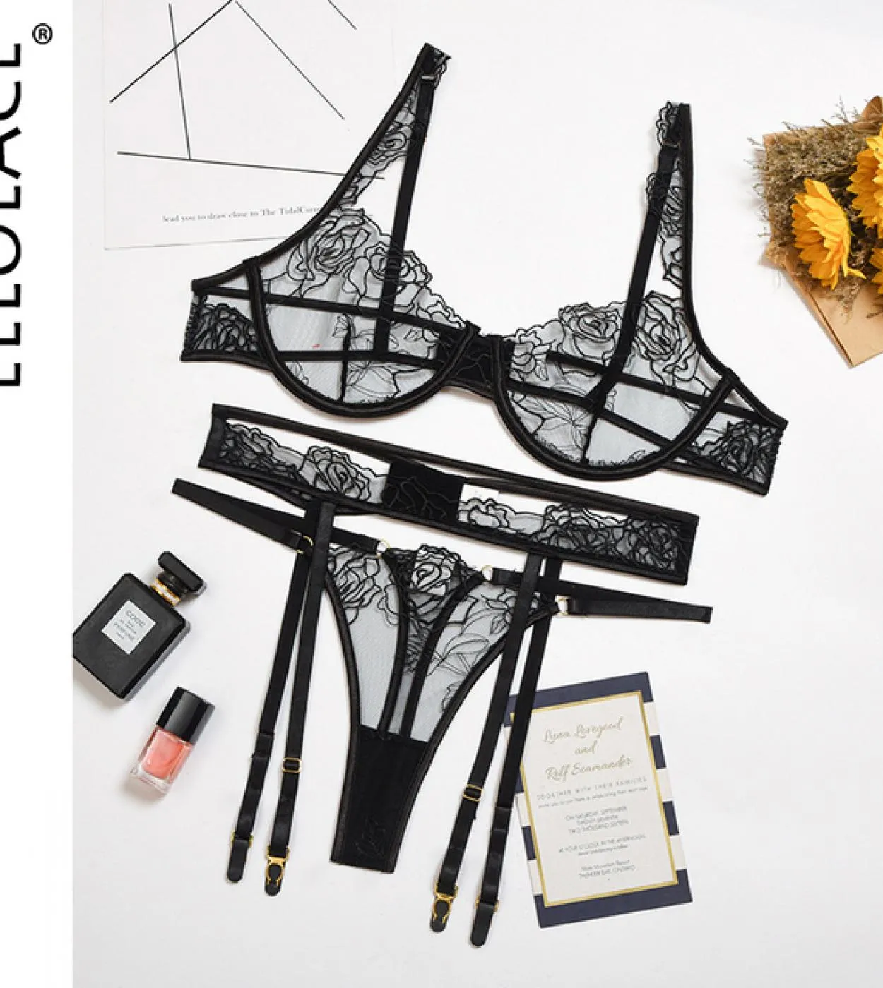 Ellolace Embroidered Lingerie Transparent Push-Up Bra Garter Belt Thong Fantasy Pattern Seamless Set